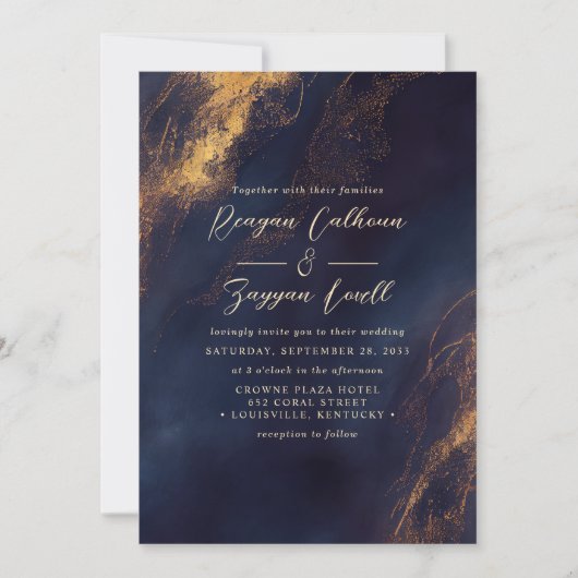 抽象芸術ネイビーブルーと金ゴールド書道結婚の 招待状 (正面)