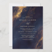 抽象芸術ネイビーブルーと金ゴールド結婚ズ 招待状 (正面)