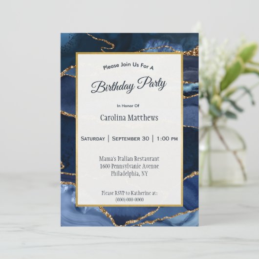 抽象芸術ネイビーブルーアガテウォーターカラー誕生日 招待状 (スタンド正面)