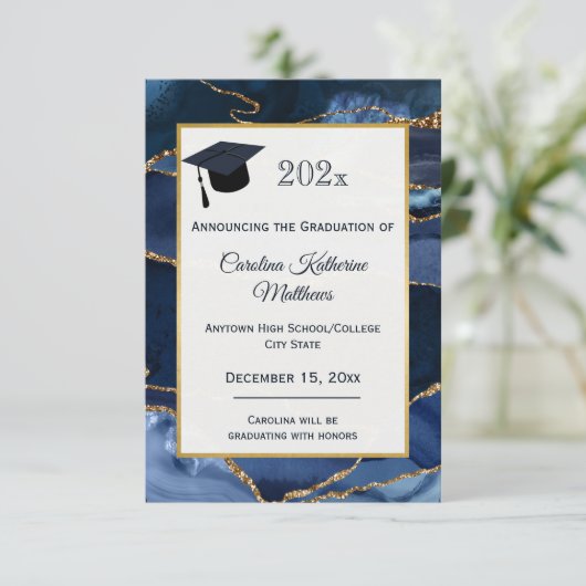 抽象芸術ネイビーブルーアガテ水彩卒業 案内状 (スタンド正面)