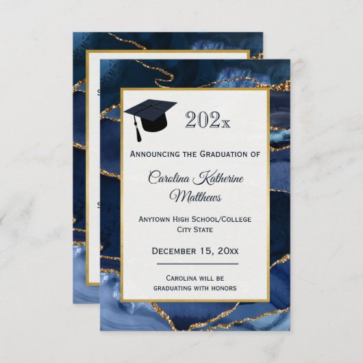 抽象芸術ネイビーブルーアガテ水彩卒業 案内状 (正面/裏面)