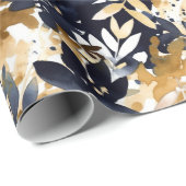 抽象芸術ネイビーブルーフラワーズ&タン離れ ラッピングペーパー (ロールコーナー)