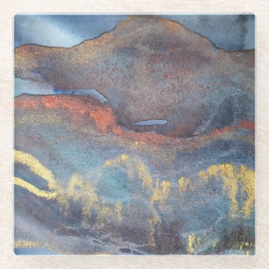 抽象芸術ネイビーブルー金ゴールド水色エレガントモダン ガラスコースター (正面)