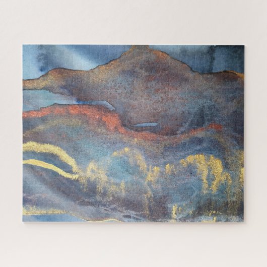 抽象芸術ネイビーブルー金ゴールド水色エレガントモダン ジグソーパズル (横)