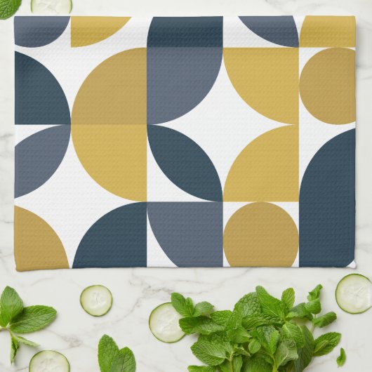 抽象芸術ネイビーマスタード幾何学模様 キッチンタオル (折り畳み)