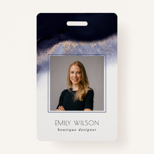 抽象芸術ネイビー黒金ゴールド水色洗写真 バッジ (正面)