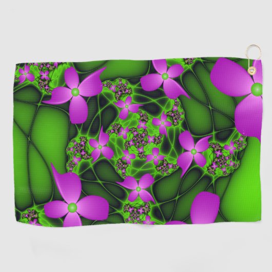 抽象芸術ネオンピンク緑フラクタルアートの花 ゴルフタオル (横)