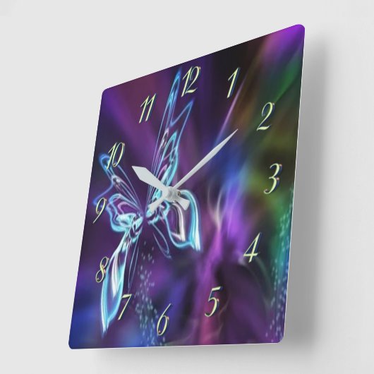 抽象芸術ネオンブルーパープルバタフライフラクタルアート スクエア壁時計 (傾斜)