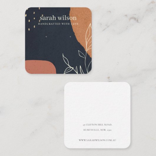 抽象芸術ネービーオレンジ色の葉の茂みのイヤリングディスプレイ スクエア名刺 (正面/裏面)