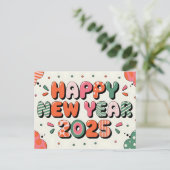 抽象芸術ハッピーニューイヤー2025カラフルお祝い シーズンポストカード (スタンド正面)