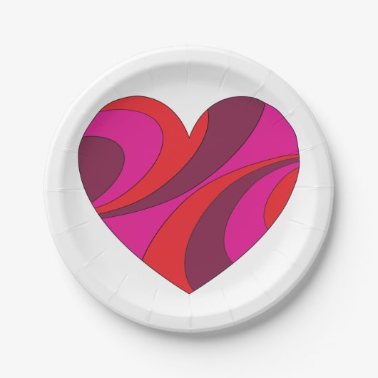 抽象芸術ハートはっきりした赤とピンクの旋回パターン ペーパープレート (正面)