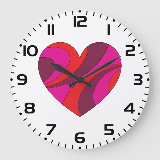 抽象芸術ハートはっきりした赤とピンクの旋回パターン ラージ壁時計 (正面)