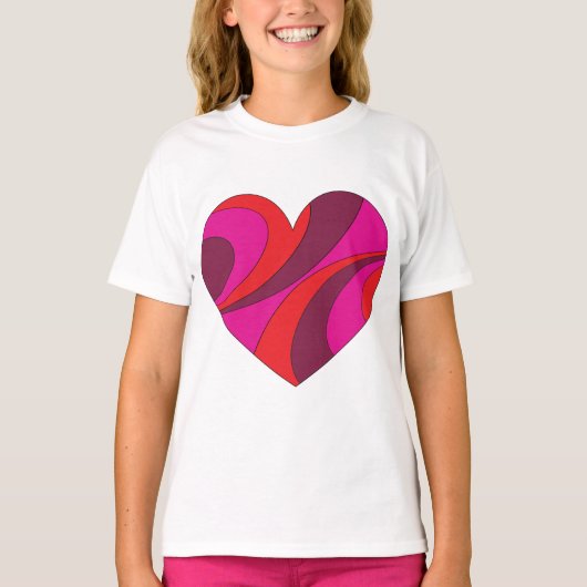 抽象芸術ハートはっきりした赤とピンクの旋回パターン Tシャツ (正面)