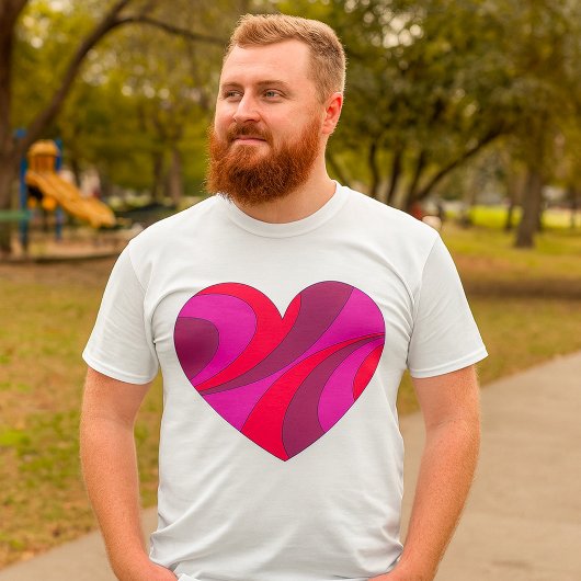 抽象芸術ハートはっきりした赤とピンクの旋回パターン Tシャツ