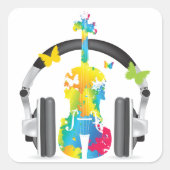 抽象芸術バイオリン(ヘッドフォンと音楽アート) スクエアシール (正面)