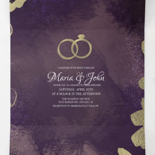 抽象芸術バイオレットブラックグラム金ゴールドバラ結婚ズ 三つ折り招待状 (内部中)