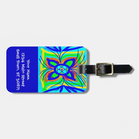 抽象芸術バタフライフラワーキッズドードルティール（緑がかった色）ライム ラゲッジタグ (正面横)