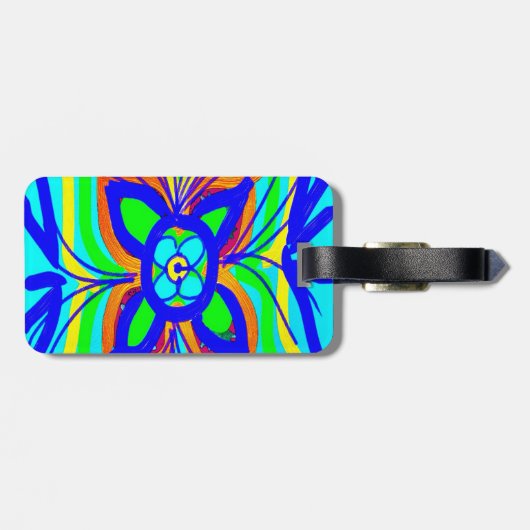 抽象芸術バタフライフラワーキッズドードルティール（緑がかった色）ライム ラゲッジタグ (裏面横)