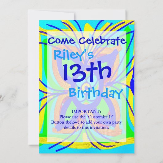 抽象芸術バタフライフラワーキッズドードルティール(緑がかった色)ライム 招待状 (正面)