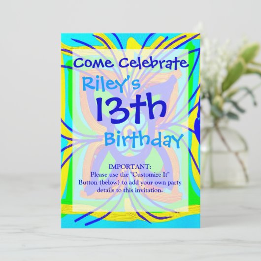 抽象芸術バタフライフラワーキッズドードルティール（緑がかった色）ライム 招待状 (スタンド正面)