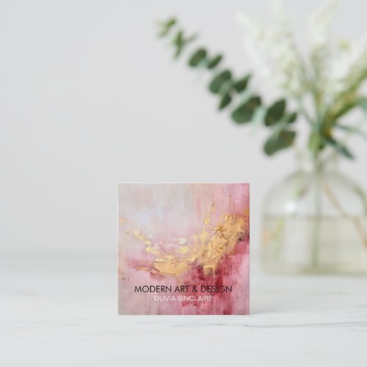 抽象芸術バラピンク絵を描金ゴールド スクエア名刺 (スタンド正面)
