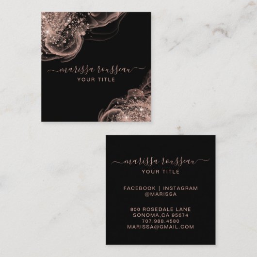 抽象芸術バラ金ゴールドグリッターブラックビジネスカード スクエア名刺 (正面/裏面)