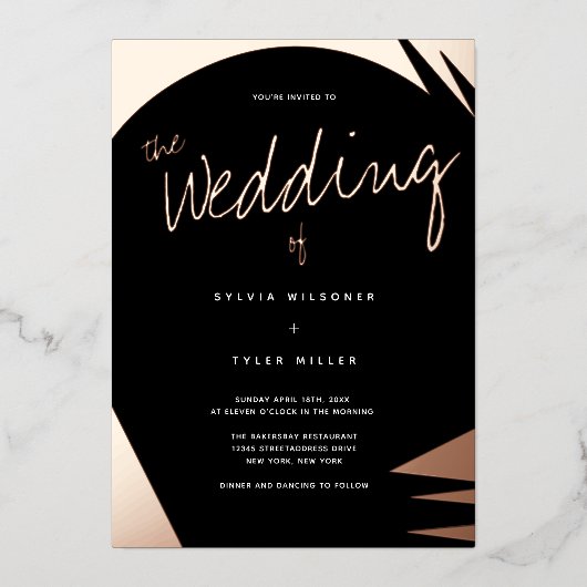 抽象芸術バラ金ゴールドバーントオレンジタイポグラフィ結婚ズ 箔招待状 (正面)