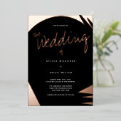 抽象芸術バラ金ゴールドバーントオレンジタイポグラフィ結婚ズ 箔招待状 (立ち正面)