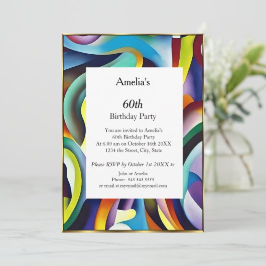 抽象芸術バースデーパーティードレッドブルーティール(緑がかった色)金ゴールド モダン 招待状 (スタンド正面)