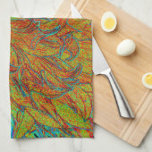 抽象芸術バーンドオレンジアンドグリーンダリア開花 キッチンタオル (四つ折り)