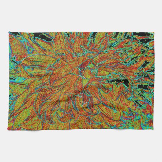 抽象芸術バーンドオレンジアンドグリーンダリア開花 キッチンタオル (横)
