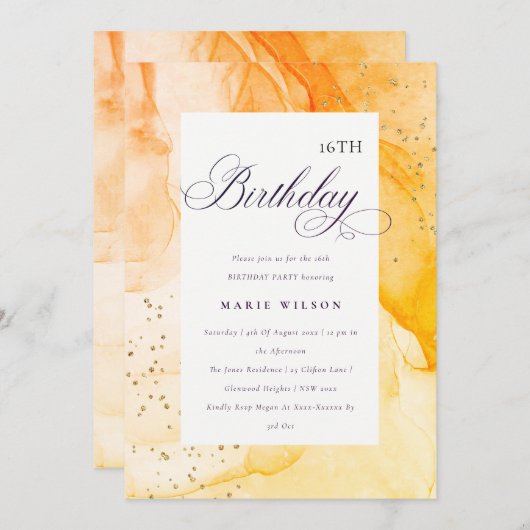 抽象芸術パステルイエローオレンジエイジ誕生日 招待状 (正面/裏面)