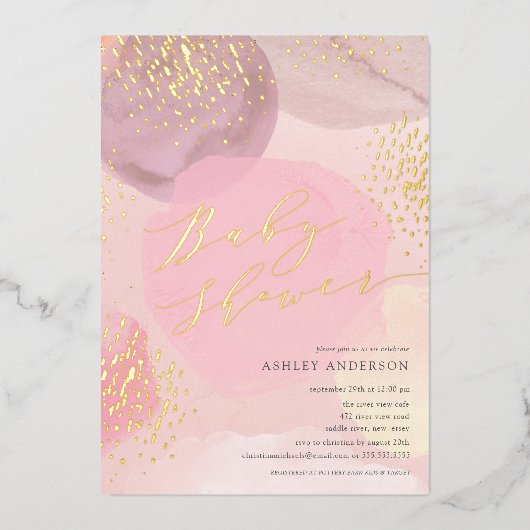 抽象芸術パステルサークル箔ベビーシャワールインビ 箔招待状 (正面)