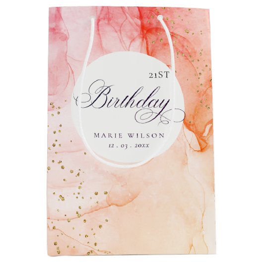 抽象芸術パステルピンクオレンジエイジ誕生日 ミディアムペーパーバッグ (正面)