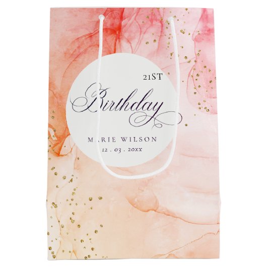 抽象芸術パステルピンクオレンジエイジ誕生日 ミディアムペーパーバッグ (裏面)