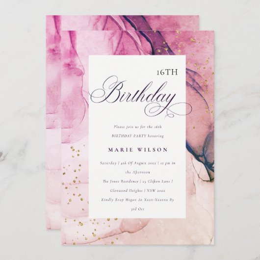 抽象芸術パステルピンクパープルネイビーエイジ誕生日 招待状 (正面/裏面)