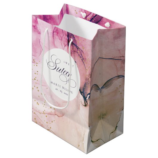 抽象芸術パステルピンクパープルネイビースウィート16誕生日 ミディアムペーパーバッグ (正面アングル)