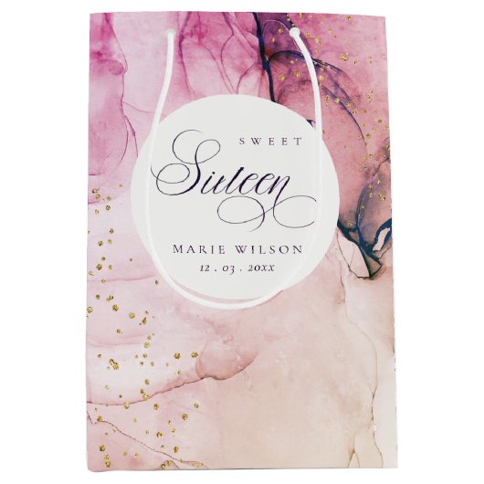 抽象芸術パステルピンクパープルネイビースウィート16誕生日 ミディアムペーパーバッグ (正面)