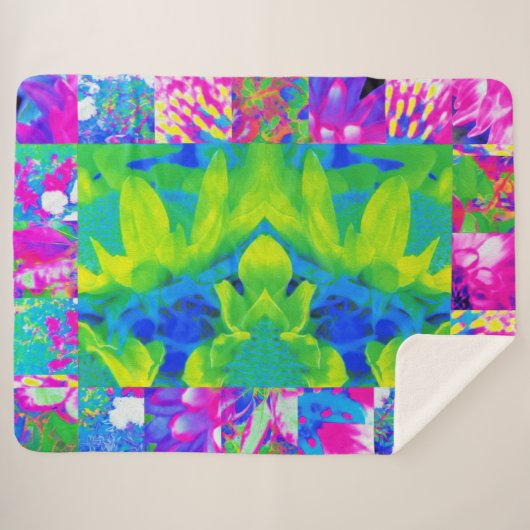 抽象芸術パッチワークひまわりガーデンコラージュ シェルパブランケット (正面(横))