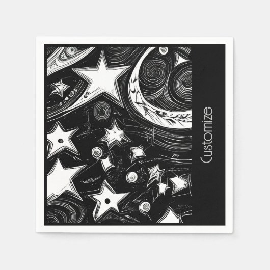 抽象芸術パーソナライズされたムーンとスター スタンダードカクテルナプキン (正面)