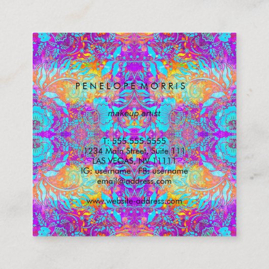 抽象芸術パープルアクアオレンジ美しいスタイリスト スクエア名刺 (裏面)
