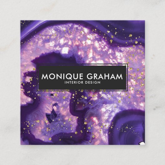 抽象芸術パープルアゲートヘードストーン金ゴールド(ばちゃばちゃ)跳ねる スクエア名刺 (正面)