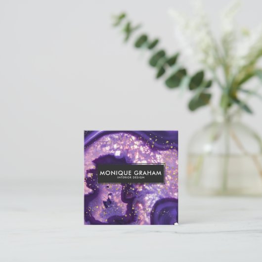 抽象芸術パープルアゲートヘードストーン金ゴールド（ばちゃばちゃ）跳ねる スクエア名刺 (スタンド正面)