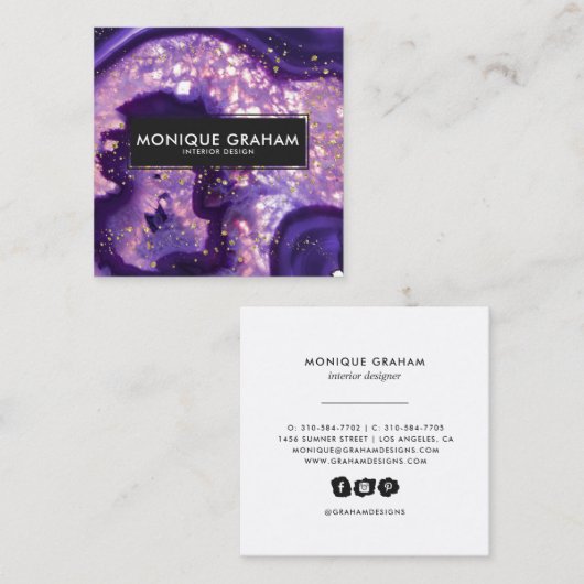 抽象芸術パープルアゲートヘードストーン金ゴールド(ばちゃばちゃ)跳ねる スクエア名刺 (正面/裏面)