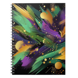 抽象芸術パープルグリーン金ゴールドマルディグラススプラッシュ ノートブック