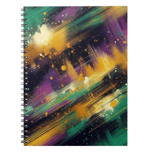 抽象芸術パープルグリーン金ゴールドマルディグラススプラッシュ ノートブック (正面)