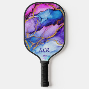 抽象芸術パープルブルー金ゴールドグリッターイニシャル ピックルボールラケット