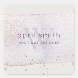 抽象芸術パープル薄紫ブラシストークモノグラムグリッター スクエアシール