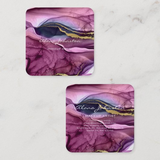 抽象芸術パープル金ゴールドメイクアップアーティスト スクエア名刺 (正面/裏面)