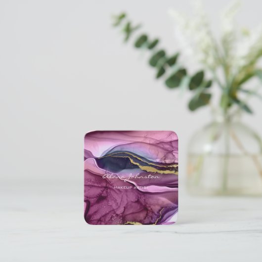 抽象芸術パープル金ゴールドメイクアップアーティスト スクエア名刺 (スタンド正面)